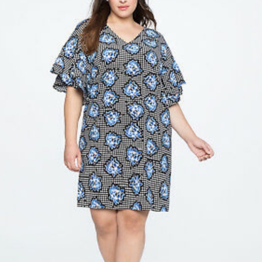Eloquii Easy Going Blue Black Floral Short Ruffle Sleeve Dress NWT size 14